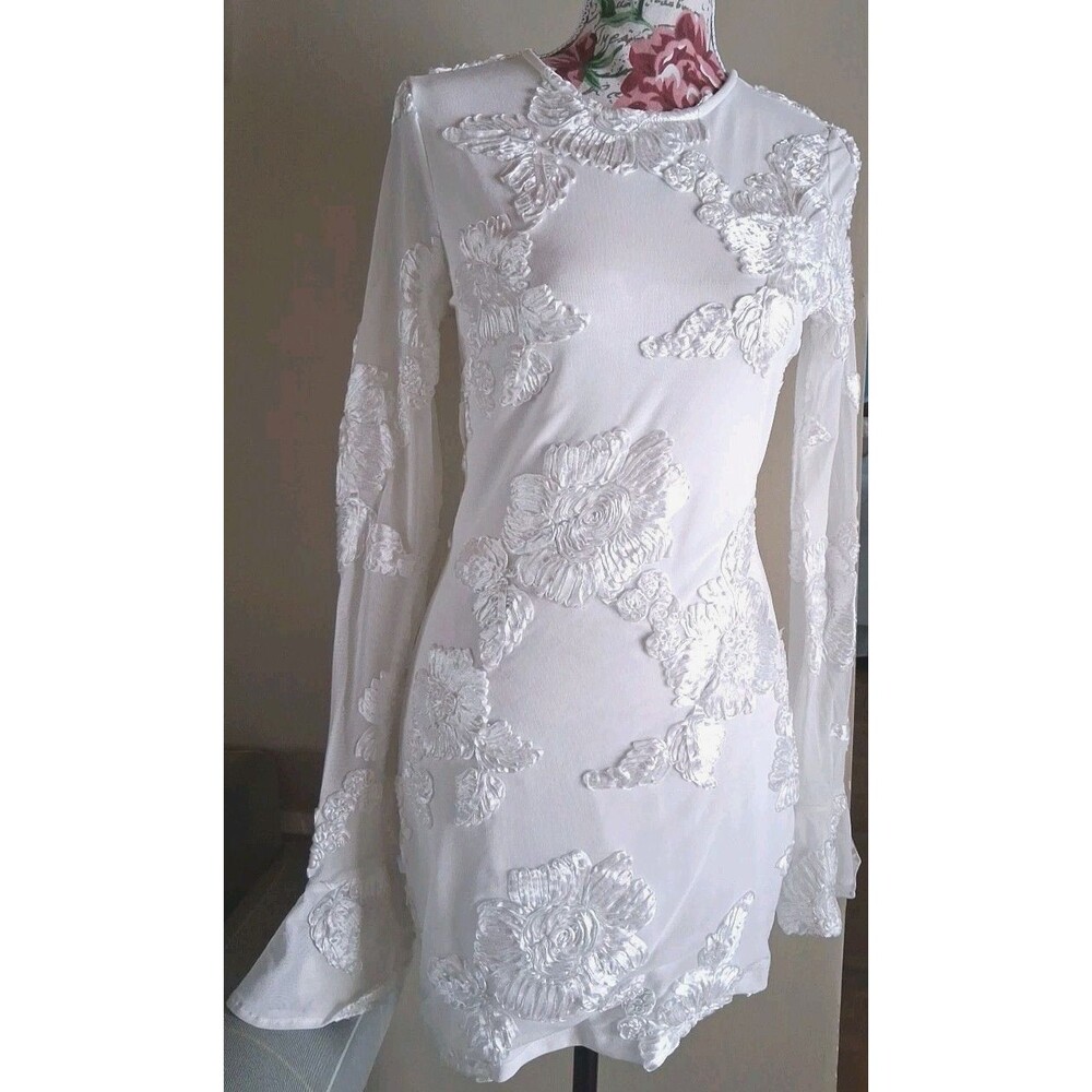 Ribbon Rose White Mini Dress Bell Sleeve Womens Small Sorority Bachelorette LWD